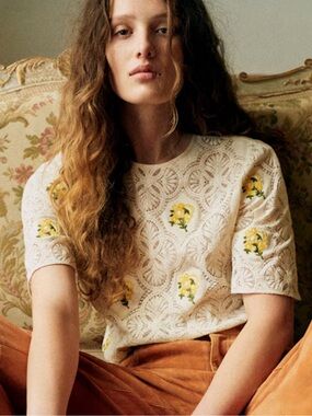 NWT SEZANE YVA BLOUSE ECRU WITH YELLOW FLORALS AND EMBROIDERY